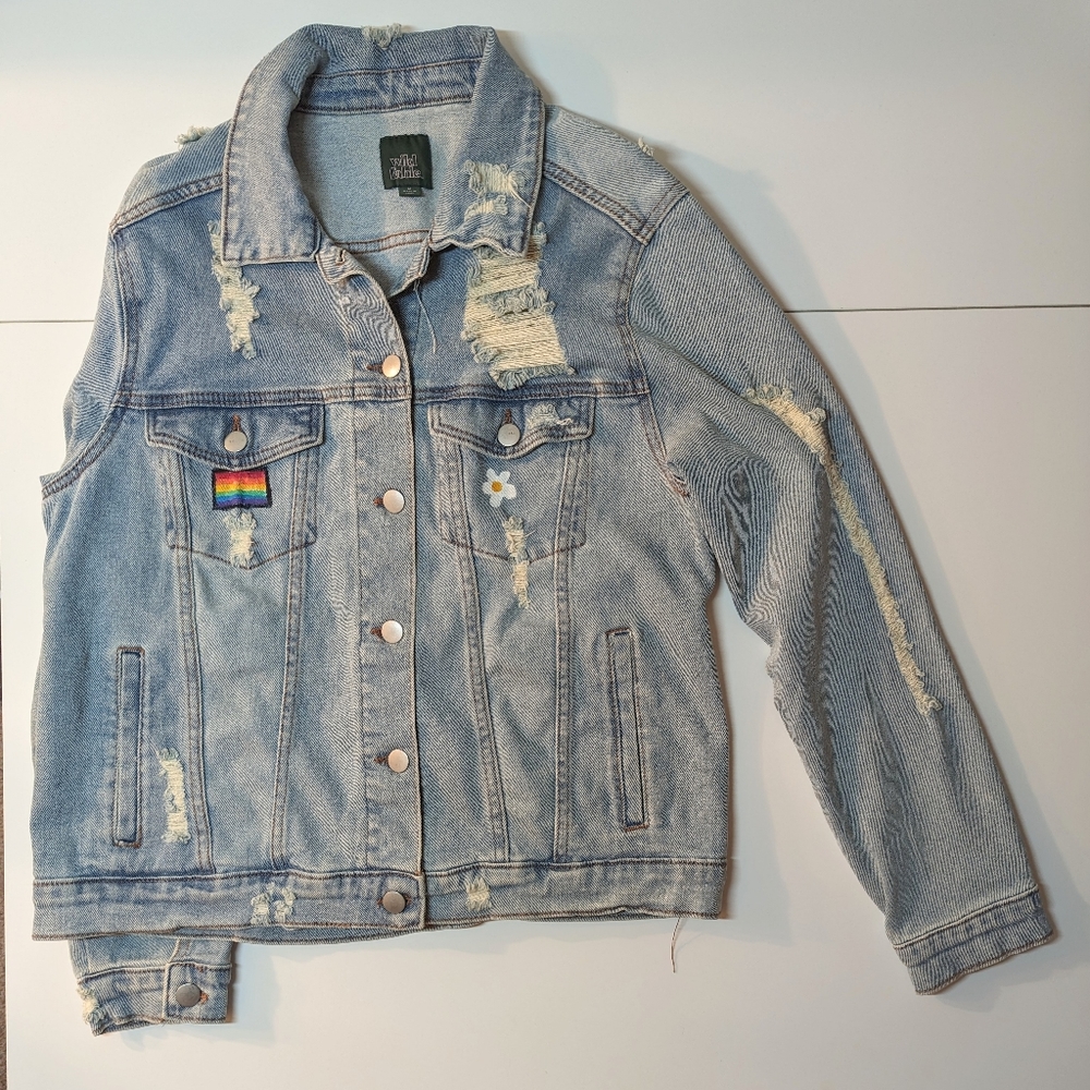 Wild Fable Distressed Jean Jacket with Hand Painted Details
